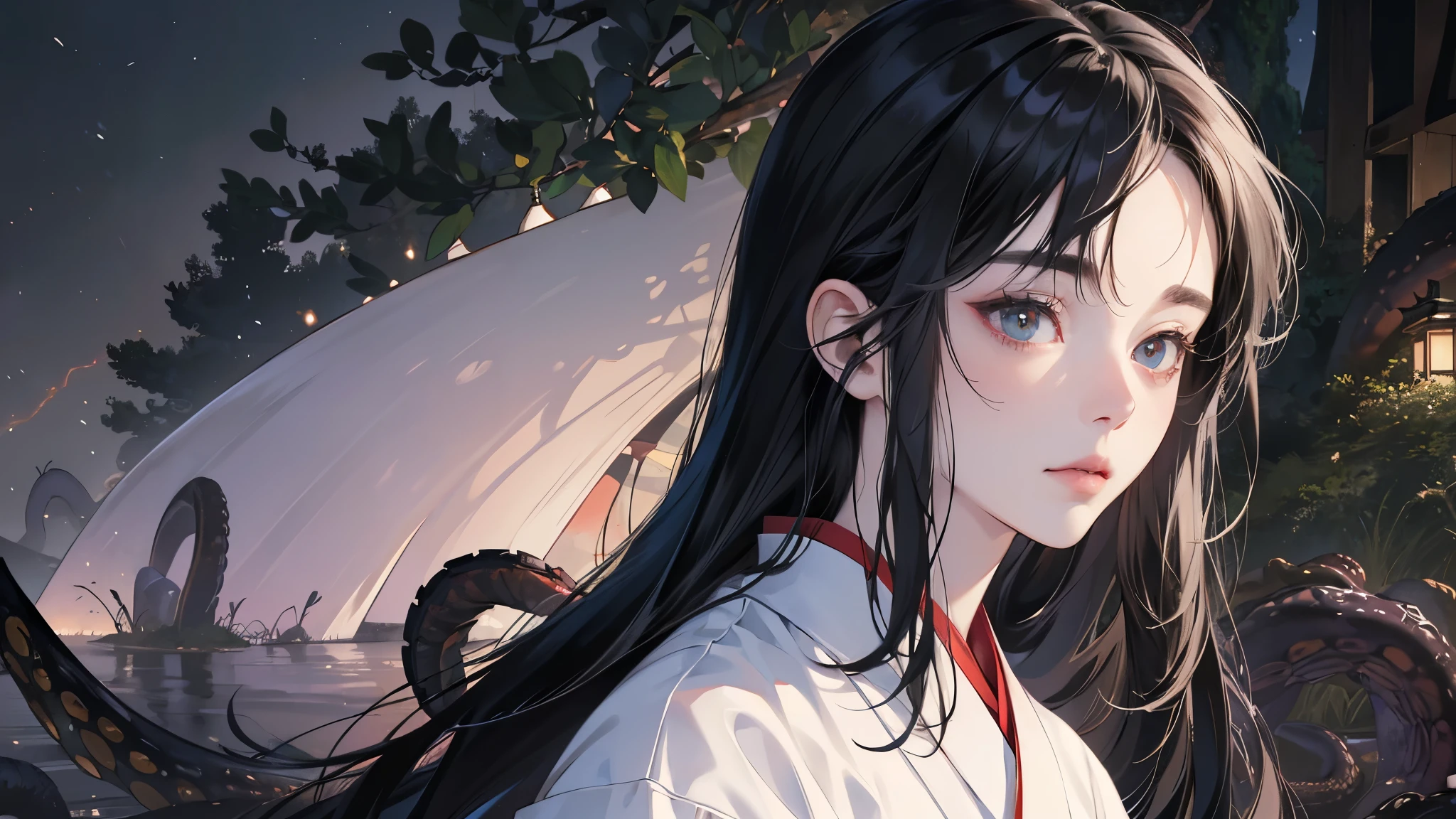 (perfect anatomy:1.2)(absurdres, highres, ultra detailed),masterpiece,best quality,high resolution,8K,Realistic face,Realistic skin texture,magnified textures, stunning clarity,(1 girl),detailed anime girl,japanese lowteen girl,ultra detailed eyes and face,(black hair),long hair,creepy swamp,mysterious eyes,midnight,(tentacles in the background:1.2),pale skin,Japanese shrine maiden, ,(white kimono),(red hakama) thin body type,big breasts,(expressionless:1.2),(from front),upper body,,Daytime,look at viewer