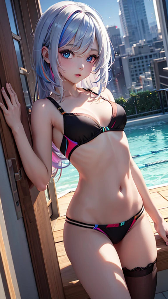 {{masterpiece}}, best quality, extremely detailed CG unity 8k wallpaper, cinematic lighting, lens flare, beautiful detail eyes, black, side glance, multicolor short blonde hair, colorful light, particles, heterochromia, (colorful:1.5), (colorful hair:1.5), swimming suit bra and underwear, rooftop background,