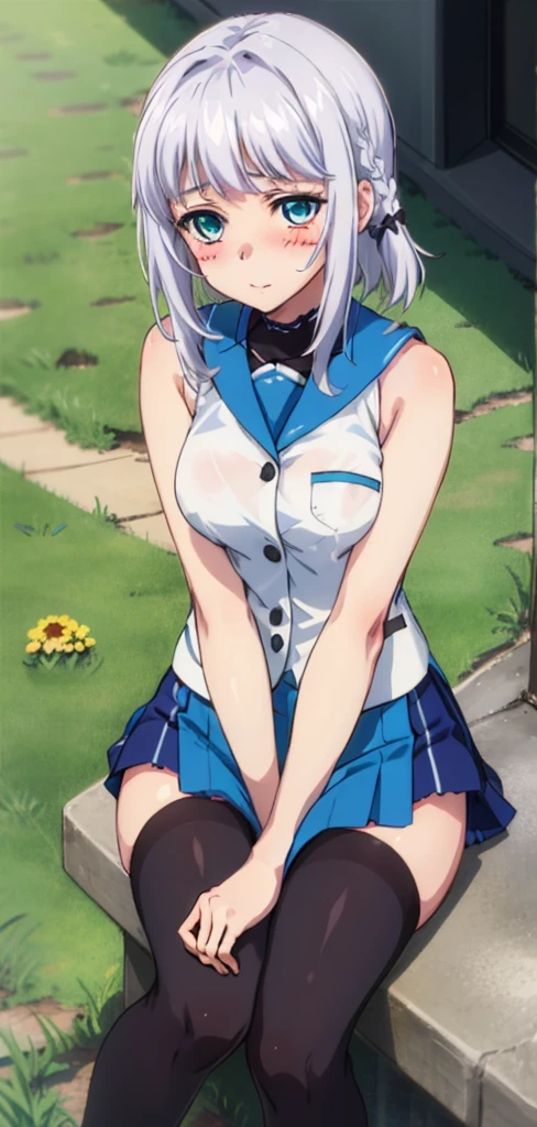 1 girl, kanon kanase,  , blush, medium breasts, sleeveless,(((stylish uniform))), sitting,  20-year-old, healthy skin.