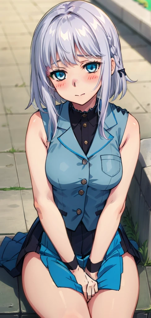 1 girl, kanon kanase, , blush, medium breasts, sleeveless,(((stylish uniform))), sitting, 20-year-old, healthy skin.