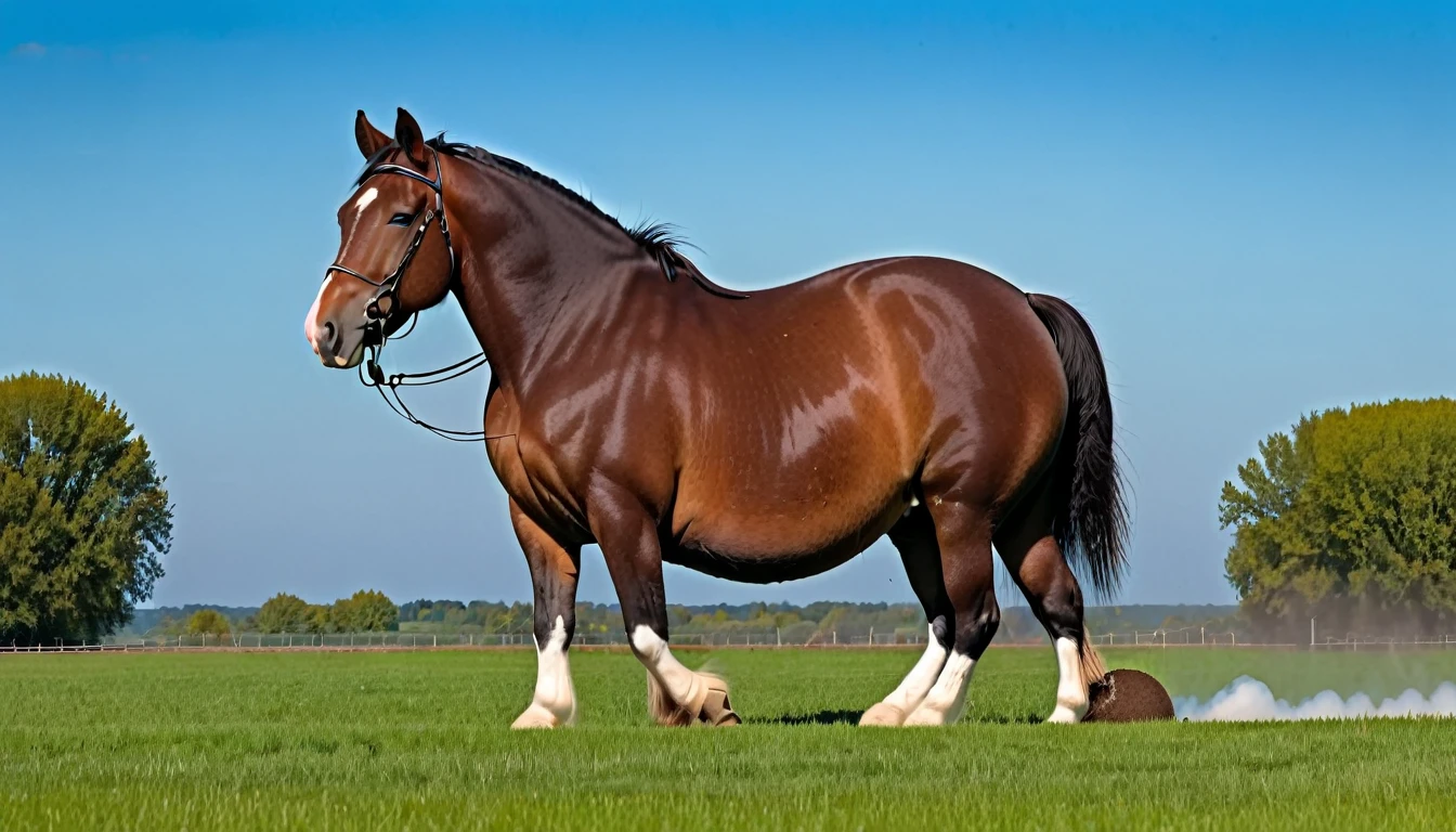 big fat Belgian draft horse  mare (side view). massive bum. very short tail. horse facing horizon . ( very full figured, very dark skinned), BBW, nude African woman. riding horse) flat grass meadow. steaming horse dung behind horse.   cloudless blue sky.  