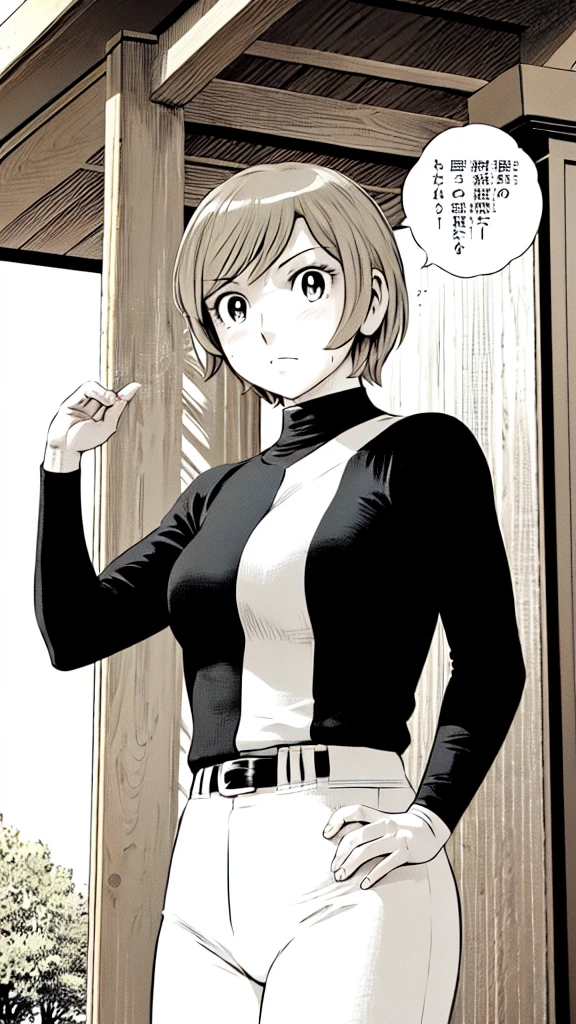 (Baseball uniform:1.2),
Blonde Hair, (short hair:1.2),Long sleeve, Black Shirt, turtleneck,White trousers、uniform、Black belt、((Illustration of people))、Big 、
View Audience,, (Highest quality:1.3),One Girl, White pants、uniform、Outdoor、baseball ground、ground、soil、blue eyes、Tight black shirt、(masterpiece、Highest quality)、Highest quality, Ultra-high resolution, (((masterpiece))), alone, Sweat、Big eyes、Big Breasts、One Girl, Front view、Embarrassed face、Bronze colored hair、((short hair))、Stand up straight