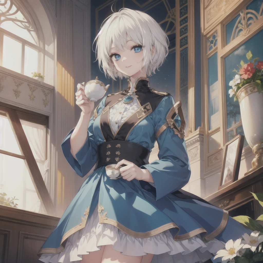 (masterpiece, Highest quality:1.2), One Girl, alone (((White Hair Short Hair blue eyes))) ((Noble clothes Drinking tea)) (smile)