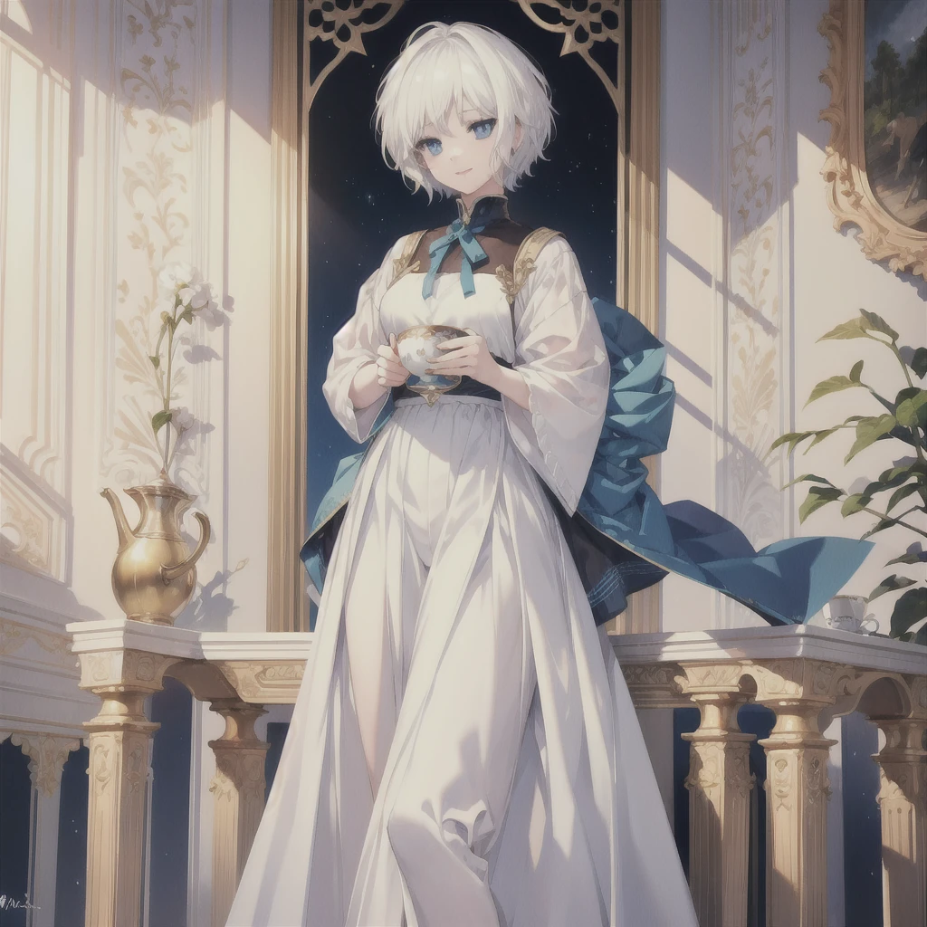 (masterpiece, Highest quality:1.2), One Girl, alone (((White Hair Short Hair blue eyes))) ((Noble clothes Drinking tea)) (smile)