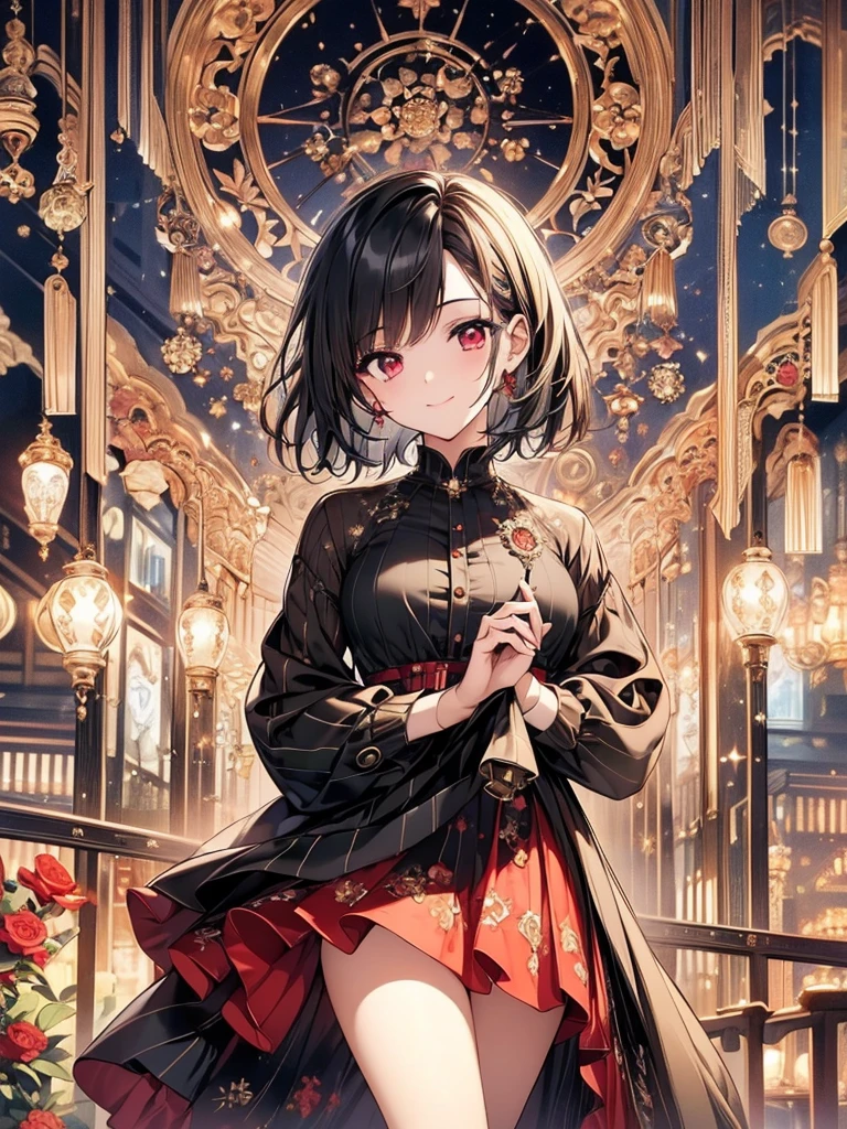 (masterpiece, highest quality, highest quality, (No text), Beautiful and aesthetic:1.2),No text,アニメ、 high resolution BREAK,One Girl,Short black hair Beautiful eyes Red eyes Beautiful girl cool smile Black Coat mini skirt whole body Night view Detailed eyes and face