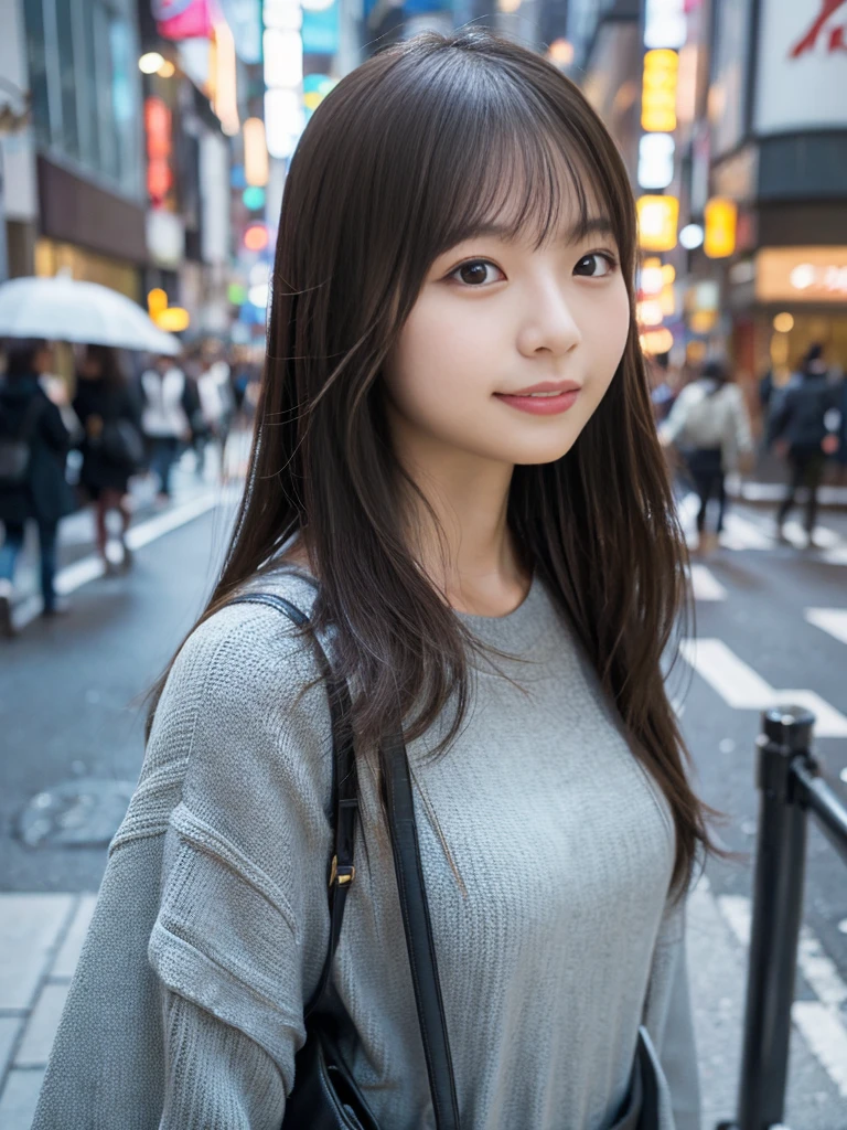 女の子1人、on tokyo street、A city scape、The upper part of the body、a closeup、A smile、、(8K、Raw photography、top-quality、​masterpiece:1.2)、(realisitic、photoRealstic:1.37)、Highly detailed eyelash drawing、(((Top image quality))),Colossal 、Fine skin, (Beautiful hair), (Perfect Anatomy), (Realistic), (Dynamic Angle), Pose Seductive,Perfect,Sensual look、top-quality、hight resolution、