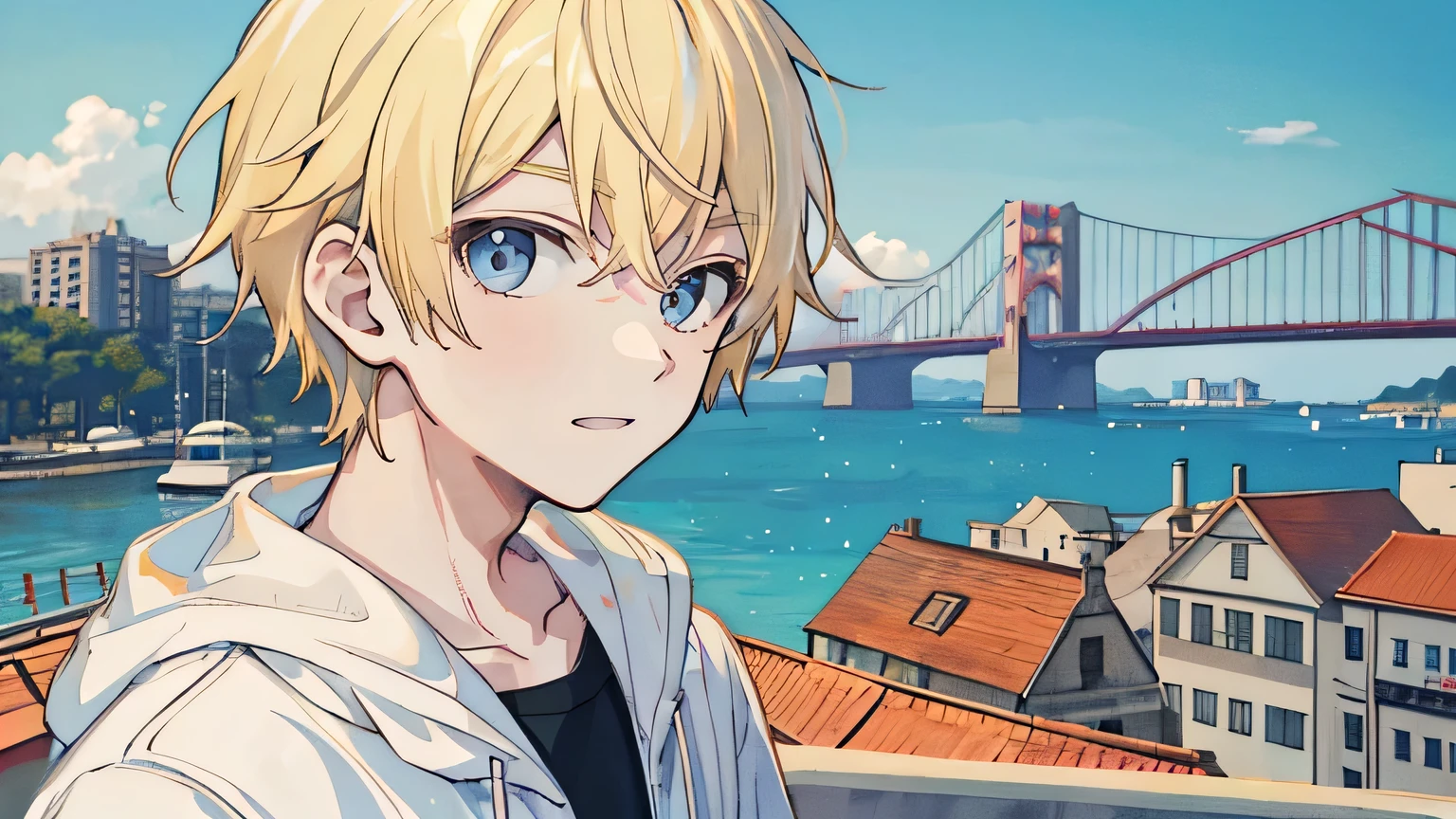 1 boy, blonde hair, Cute face, summer city background