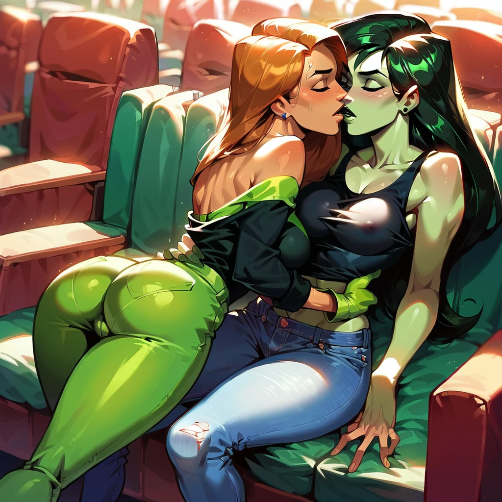 score_9, score_8_up, score_7_up, score_6_up, score_5_up, (high quality, detailed, beautiful), detailed soft lighting, rating_explicit, source_cartoon, 2girls, Disney's Shego,,,,, and Disney's Kim Possible,,,,, yuri, cuddling, kissing, groping, in movie theater, look of love in her eyes, open eyes, wearing tight jeans and off shoulder sweaters.