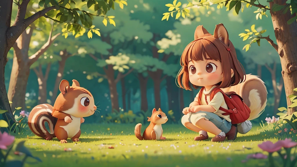 Cute one , Sarah quietly approaching the squirrel, not wanting to disturb it ,pixar style, best quality, stills,