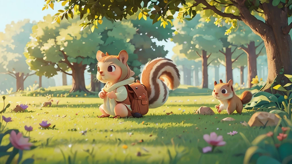 Cute one , Sarah quietly approaching the squirrel, not wanting to disturb it ,pixar style, best quality, stills,