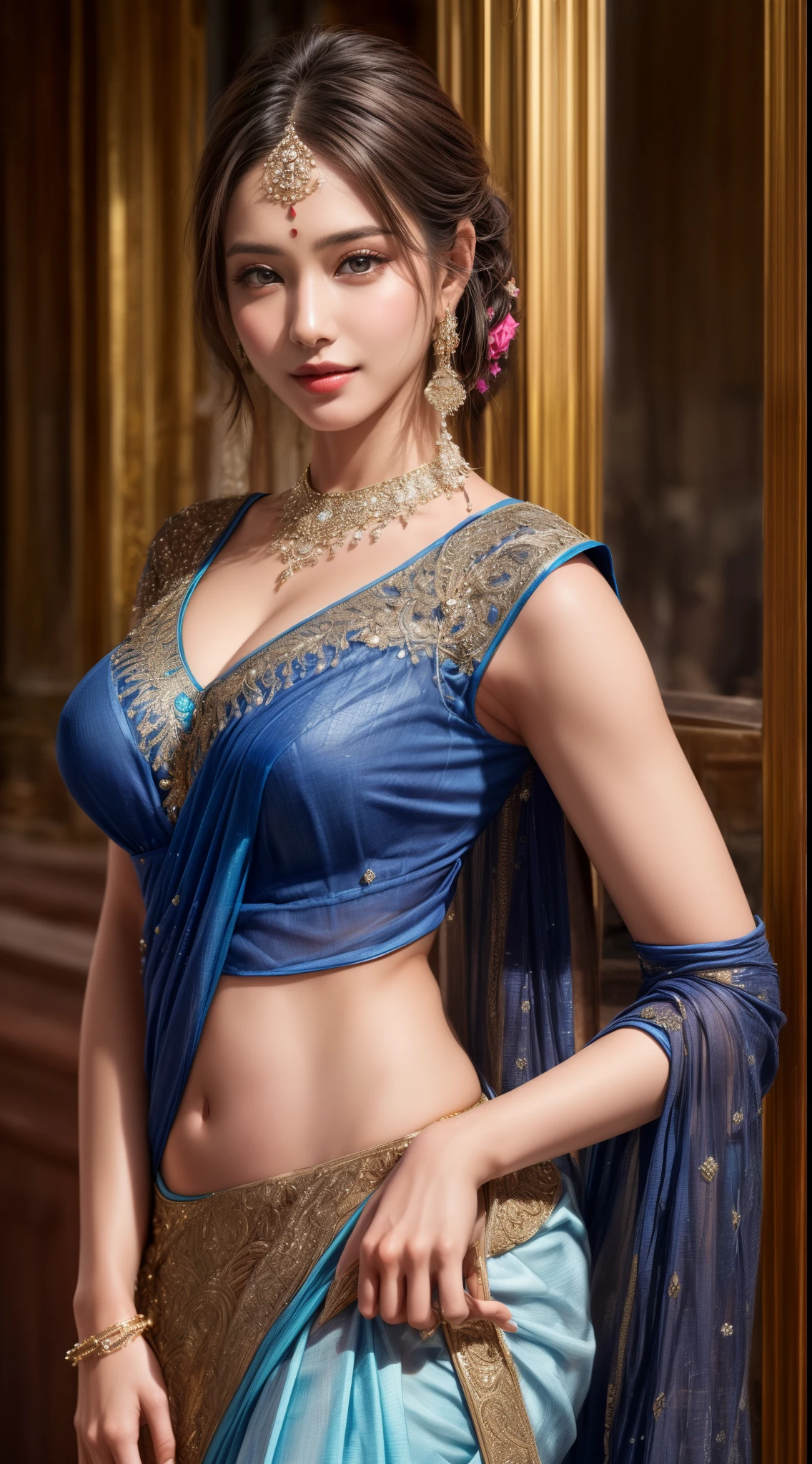 :0.6、smile、Cowboy Shot、 are visible、Abdominal muscles、((Beautiful young Indian woman))、(Dark Skin)、Black Hair、((Big Breasts))、((A sheer sari dress with intricate embellishments))、(((Ultra tight blue saree)))、Lots of accessorieaharaja、Slender women、 8K Ultra HD,Detailed face、Delicate texture, (((Trendy hairstyle)))、Taj Mahal、Temples in India、Beautiful and majestic palace、((Delicate photo))，(Girl Astepeace RAW Photo Details:1.25), (Highest quality:1.6), (Ultra-high resolution:1.5), (Realistic:1.75), 8K resolution, Canon EOS R5, 50mm, Absurd, Very detailed,Cinema Lighting、