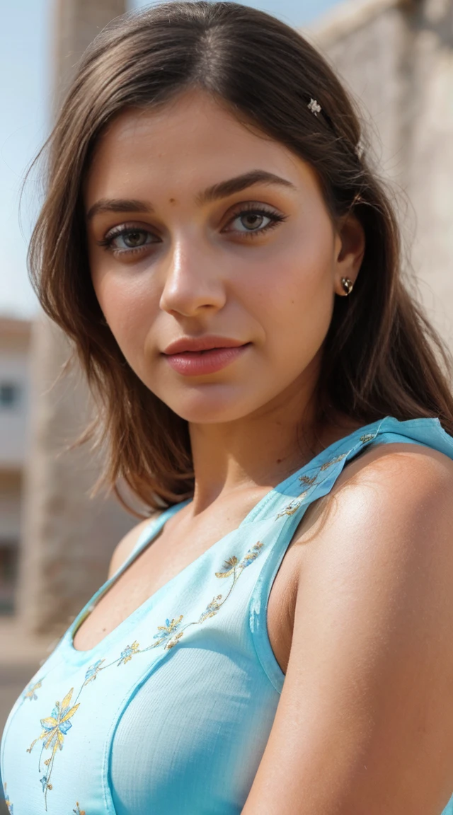 a beautiful young woman in a white floral sleeveless salwar kurti and blue tight leggings,closeup portrait,highly detailed face, beautiful detailed eyes, beautiful detailed lips, extremely detailed eyes and face, long eyelashes, gorgeous fashion, trendy outfit, stylish combo, feeling confident, glowing skin, natural lighting, warm colors, soft focus, photorealistic, 8k, best quality, masterpiece