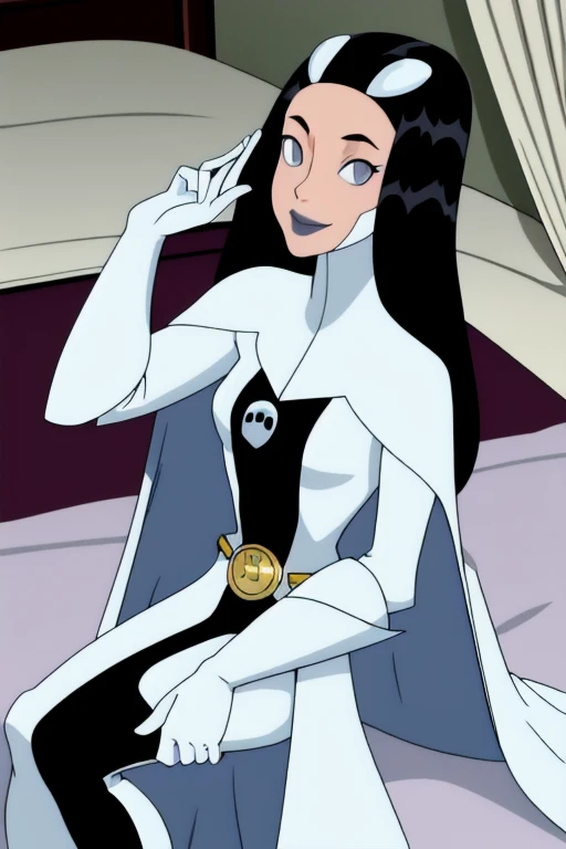 Phantom girl, Tinya Wazzo, solo, girl1, long black hair, bodysuit. grey eyes, smile, grey lips, belt, white cape, white gloves, cape covering body, best quality, masterpiece, cowboy shot, sitting, bed, bedroom