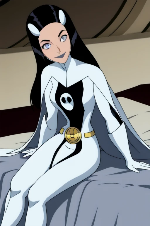 Phantom girl, Tinya Wazzo, solo, girl1, long black hair, bodysuit. grey eyes, smile, grey lips, belt, white cape, white gloves, cape covering body, best quality, masterpiece, cowboy shot, sitting, bed, bedroom