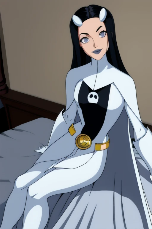 Phantom girl, Tinya Wazzo, solo, girl1, long black hair, bodysuit. grey eyes, smile, grey lips, belt, white cape, white gloves, cape covering body, best quality, masterpiece, cowboy shot, sitting, bed, bedroom