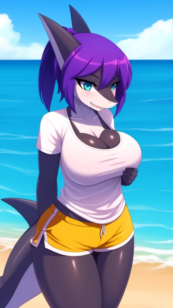Shark girl, very y, bigearing a short white sports shirt and shorts,
