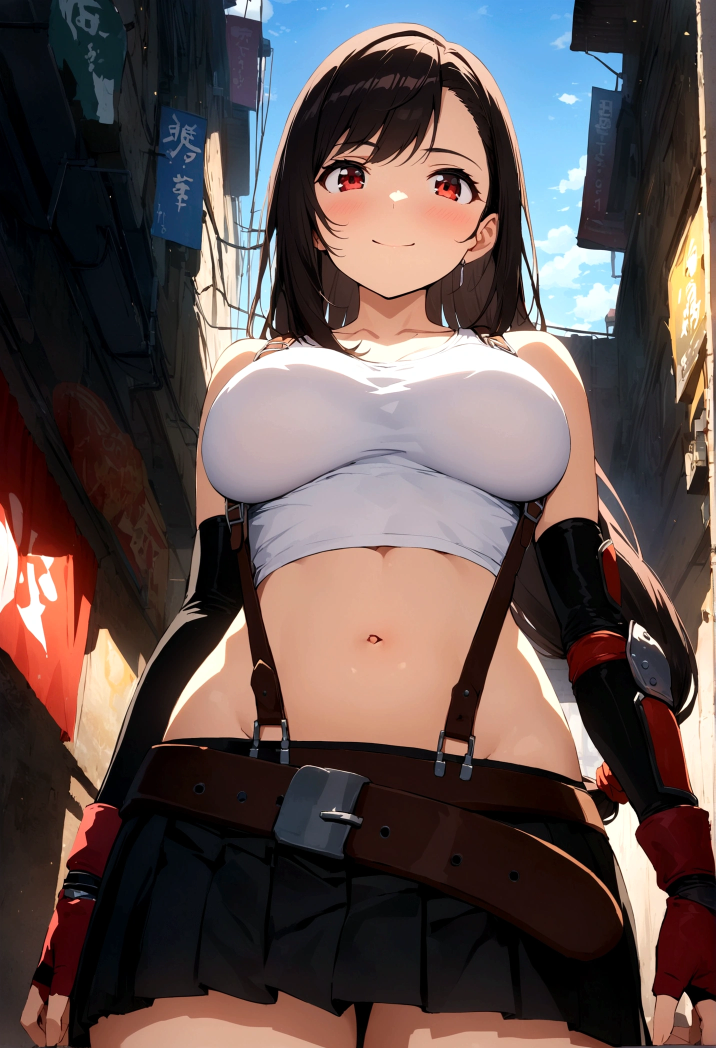 score_9, score_8_up, score_7_up, ,front_view,breast below view,,(soro focus),standing,straight-on,,(tank toplift;1,3),(),puffy nipple,selfie,(mediumshot:1),looking_at_viewer ,1girl, tifa lockhart, final fantasy,(beautiful woman). tareme,black hair, low-tied long hair, red eyes, bangs, white tank top,gap, belt, pleated skirt, thighhighs, elbow fingerless gloves, elbow pads, midriff, navel,suspender skirt.zettai ryouiki ,(large_breasts:1),((perky breasts;1,3)),(light smile),slender_waist:1.2 ,Solo,,(daytime and outdoors),(masterpeace),(best quality),((aesthetic,very aesthetic)),,highly detailed,(megami_magazine),(professional lighting),(cinematic lighting),great lighting,