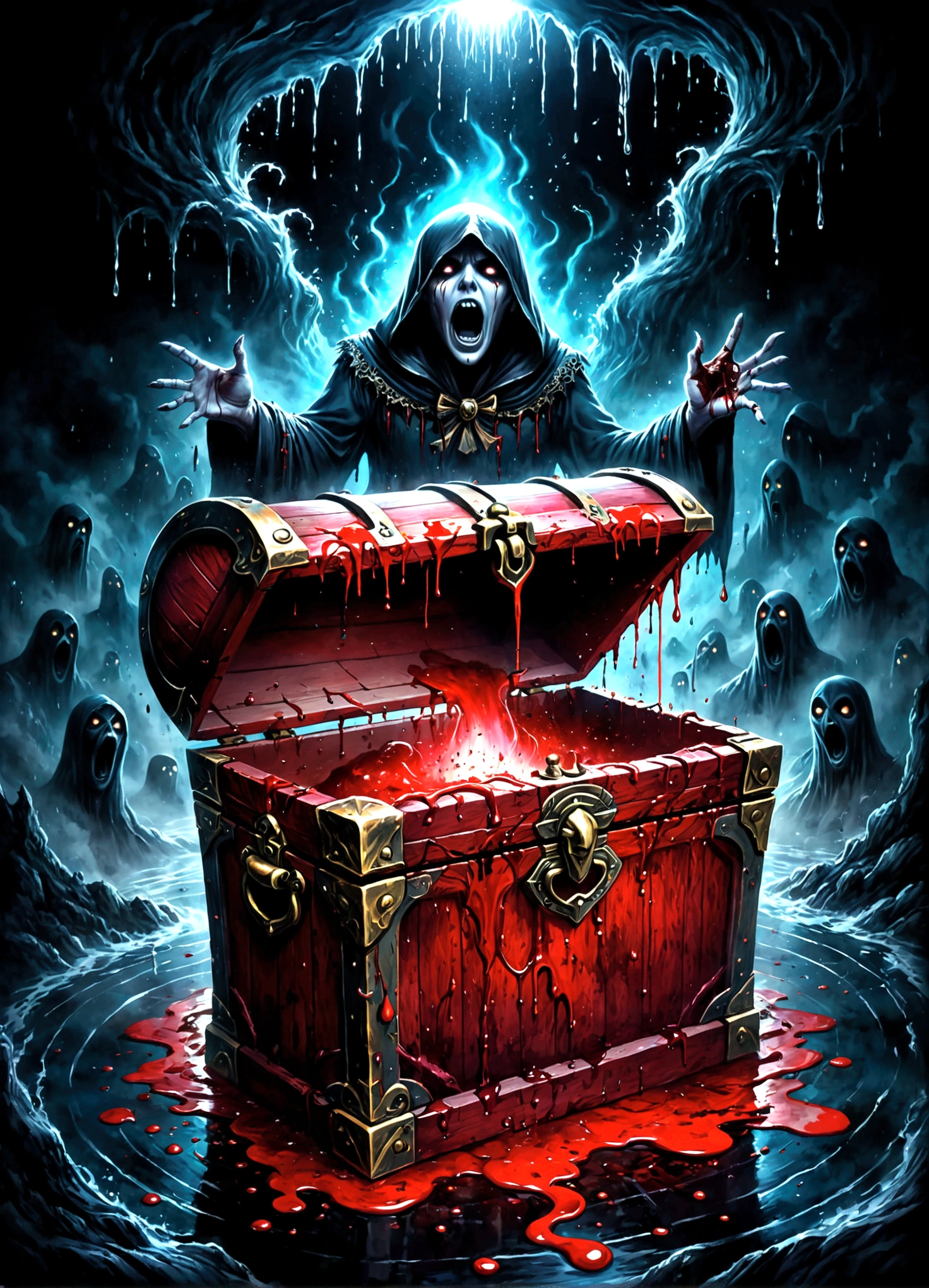 Draw a scene where a treasure chest is placed in a dimly lit place,(mimic,Treasure Chest,suspicious,There are blood stains on it),(Please express the mimic in vivid colors.,colorful,creepy color scheme),Bloodstains are expressed in black and red,Intricate details,artwork,rendering,(masterpiece:1.3),(highest quality:1.4),(Super detailed:1.5),High resolution,Very detailed,unity 8k wallpaper,BREAK,Add artistic effects to your background,Place vengeful spirits around you who are twitching with fear.,The vengeful spirits are drawn in white, crying black tears.,White whirlpool heading upwards,black mist,splash blood,decadently,fear,scream,decadently,Blur in some places to express artistically