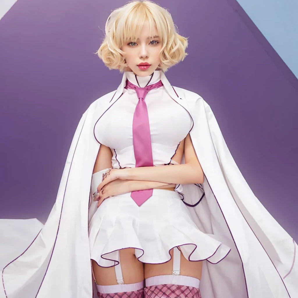 girl, blond hair, white skirt, white cloak, pink tie, pink lipstick on lips