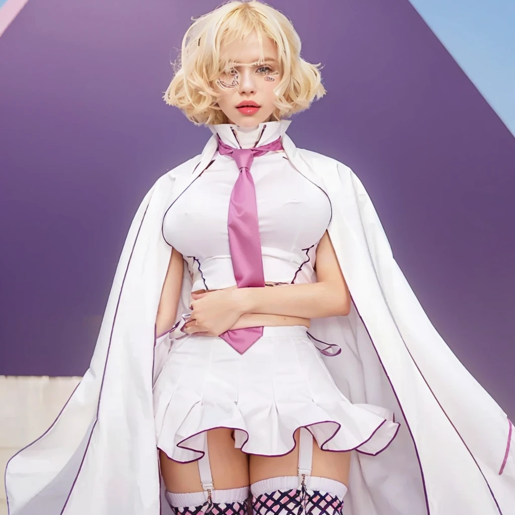 girl, blond hair, white skirt, white cloak, pink tie, pink lipstick on lips
