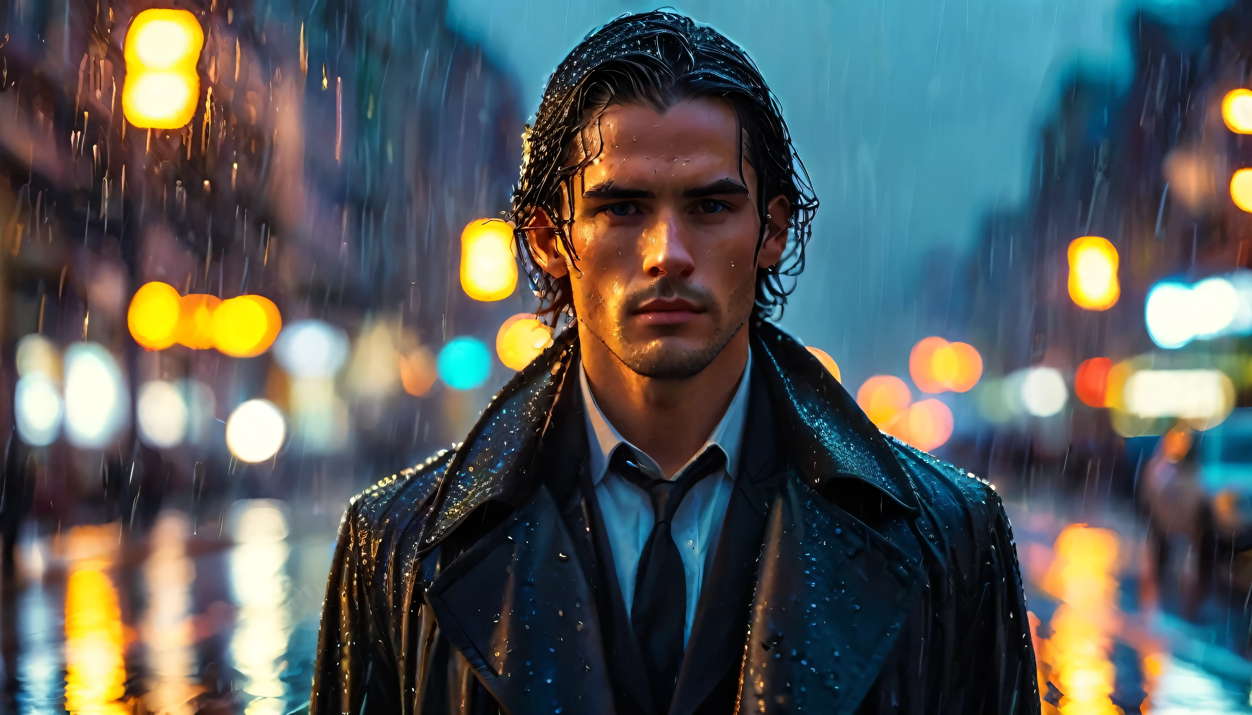 A handsome man with a strong jawline walks across the street in the rain, his long coat billowing slightly in the breeze. Clear raindrops are visible, creating a beautiful and natural scene. The cityscape in the background is blurred into a stunning bokeh of colorful lights, and the reflections on the wet pavement enhance the dreamlike quality of the evening as dusk settles in.