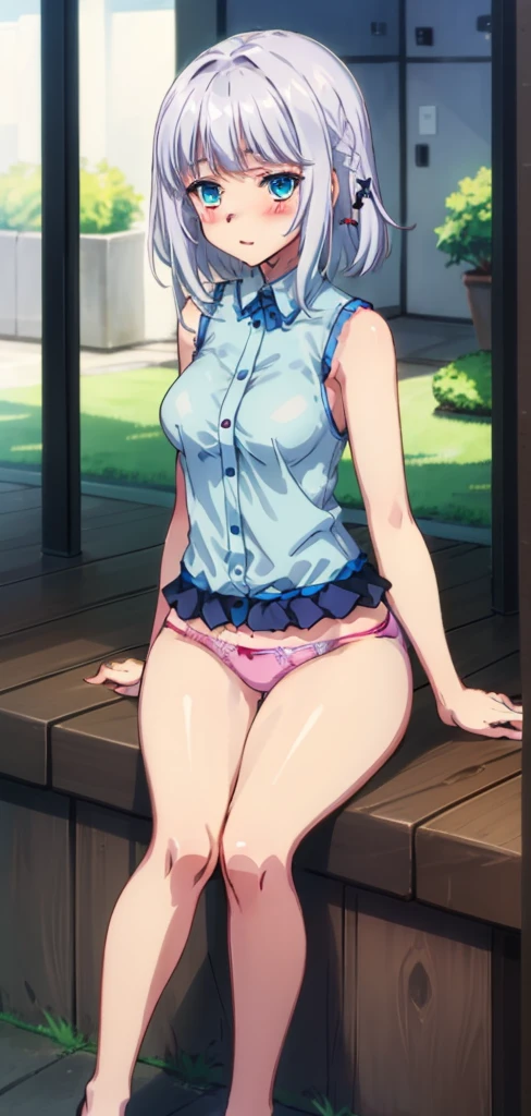 1 girl, kanon kanase, , blush, medium breasts, sleeveless,(((stylish clothes, stylish shirt, stylish panties))), sitting, 20-year-old, healthy skin.