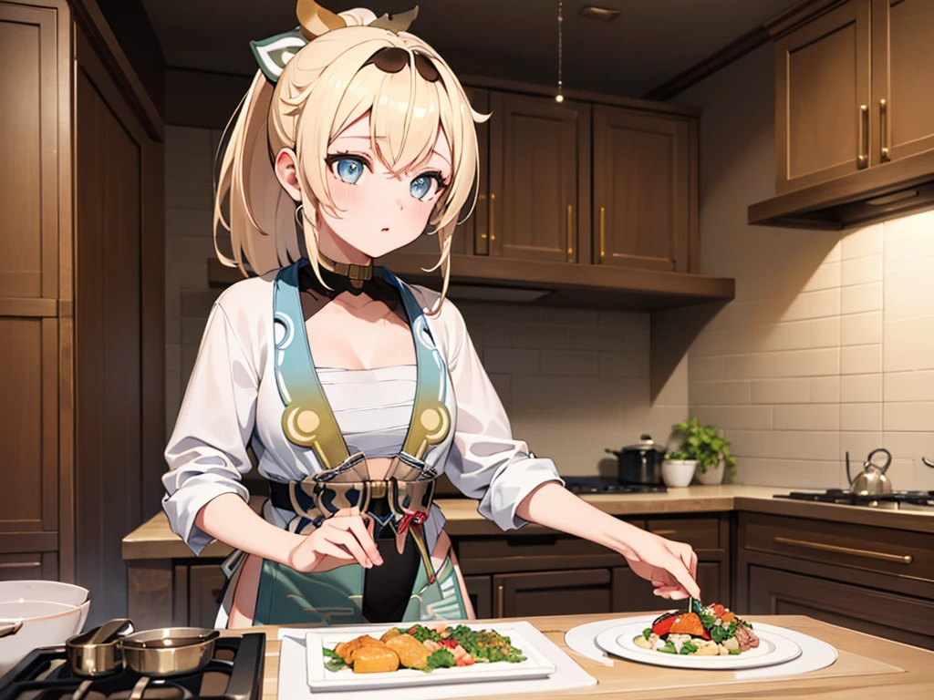 (Ultra-high resolution,masterpiece, Attention to detail, Highest quality), 4K,(ponytail、Blonde),(well endowed,Captivating body、Ultra-detailed skin、Beautiful eyes、Detailed Background),1girl,apron,kitchen,cooking,Fancy Meals,