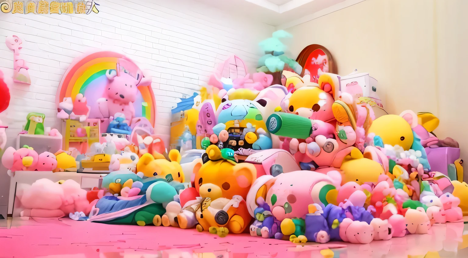 There is a pile of Plush Toys and toys on the floor, it's very huge, 🐋 as 🐘 as 🤖 as 👽 as 🐳, Marshmallow, omg, Plush Toys, huge!!!, Plush ToysPhotography, 😭 🤮 💕 🎀, Toy Room, 🎀 🧟 🍓 🧚, Dreamy, 8k is very detailed ❤🔥 🔥 💀 🤖 🚀
