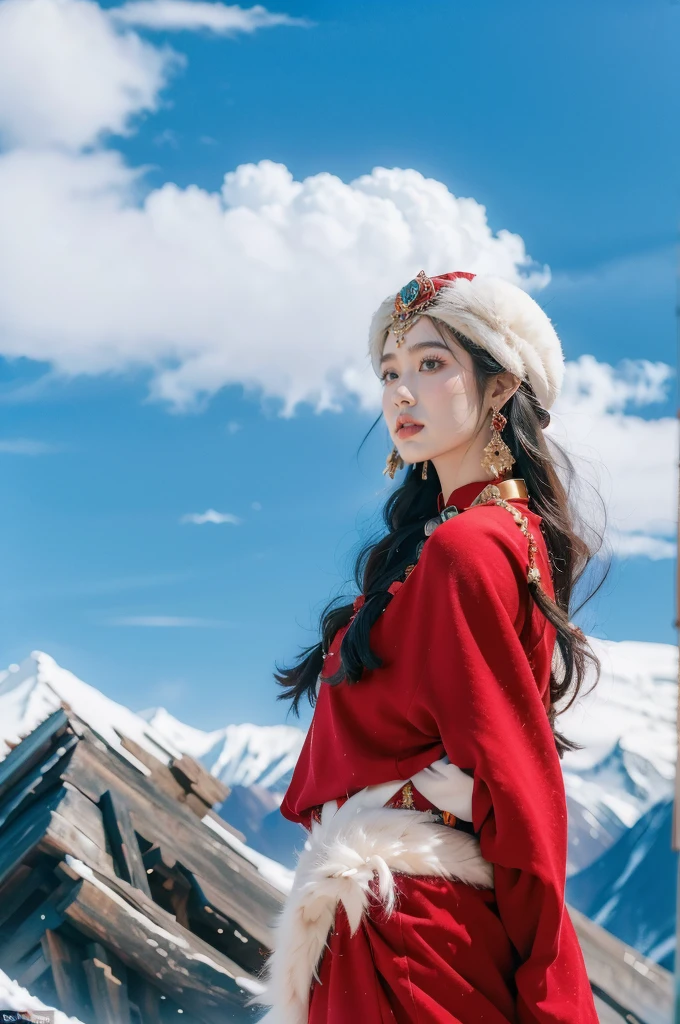 (masterpiece, best quality:1.2),red Tibetan clothing,1 Tibetan girl, blue sky, cloud, cloudy sky, day, earrings,Plush hat, horizon,Tibetan Earrings,jewelry,necklace, lips,snow mountain, outdoors, parted lips, red lips, solo, upper body,flat chest,arms behind back