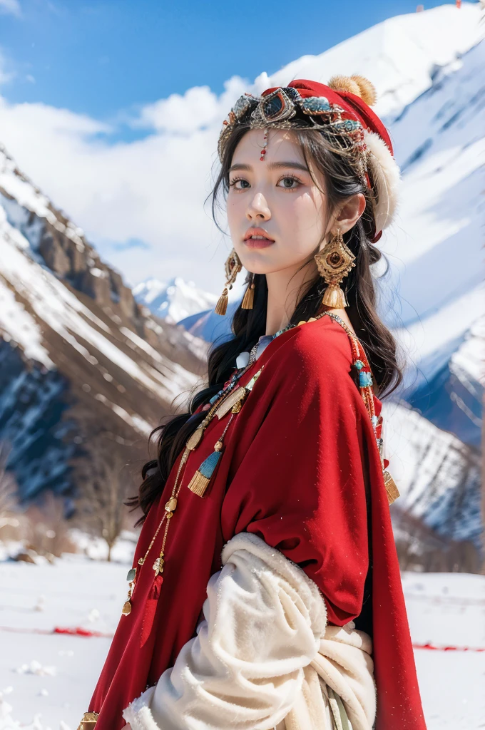 (masterpiece, best quality:1.2),red Tibetan clothing,1 Tibetan girl, blue sky, cloud, cloudy sky, day, earrings,Plush hat, horizon,Tibetan Earrings,jewelry,necklace, lips,snow mountain, outdoors, parted lips, red lips, solo, upper body,flat chest,arms behind back