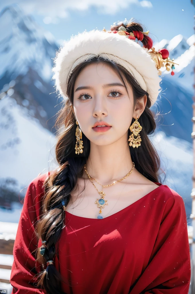 (masterpiece, best quality:1.2),red Tibetan clothing,1 Tibetan girl, blue sky, cloud, cloudy sky, day, earrings,Plush hat, horizon,Tibetan Earrings,jewelry,necklace, lips,snow mountain, outdoors, parted lips, red lips, solo, upper body,flat chest,arms behind back