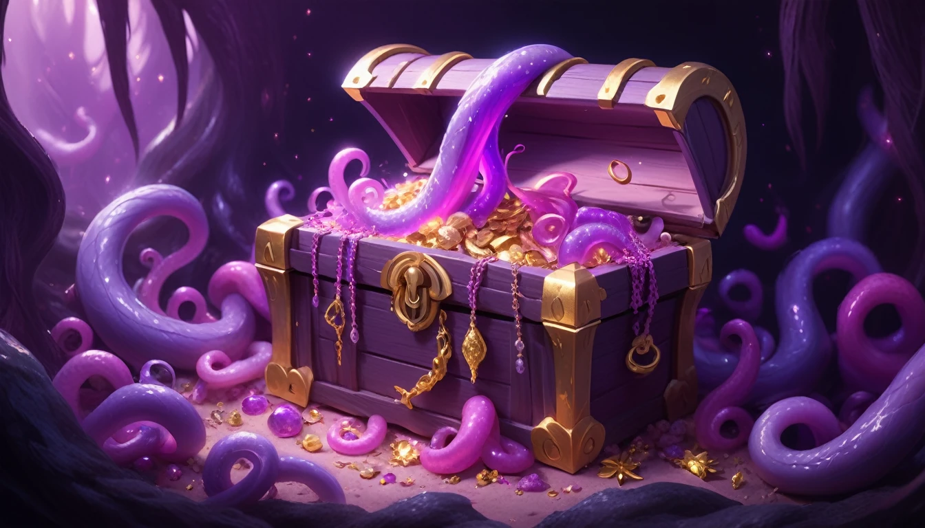 pink and purple tentacles extend from inside a treasure chest filled with gold and silver treasures.