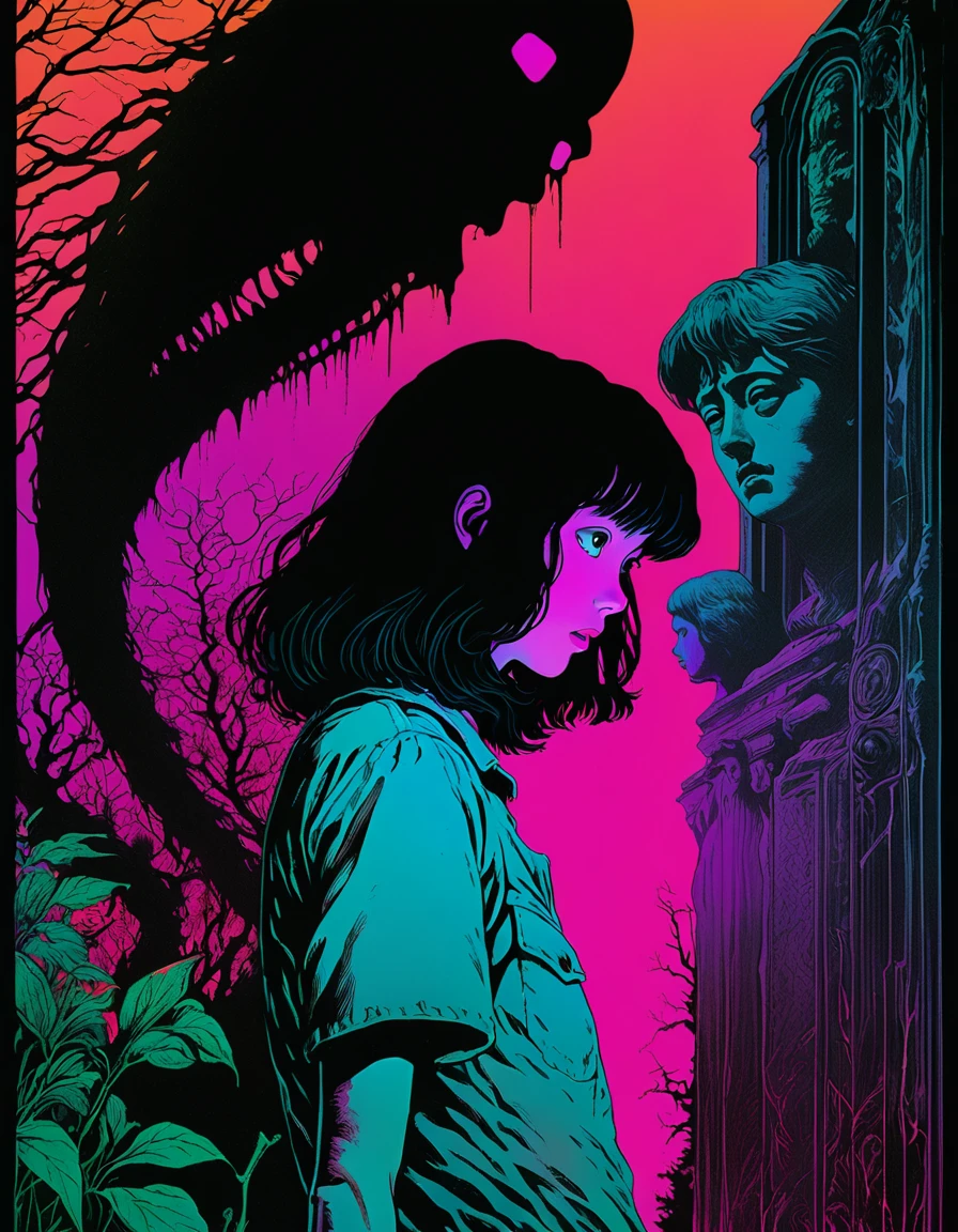 illust、art、from 80s horror movie, directed by Junji Ito、Statue of Anxiety、high detail, realsitic shadow、Analog style, vhs style, 8mm film, chromatic aberration, Dvd screengrab、Surrealism、Complementary color gradient