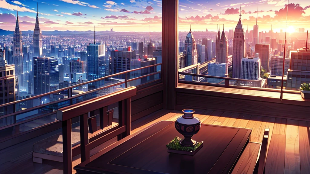 Tabletop, Highest quality,shape, wallpaper, Very detailed, 、City view from the top of the hill、Beautiful sunset