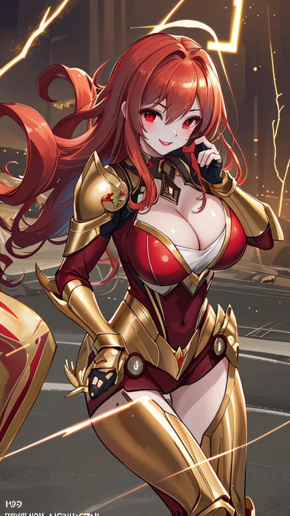 Highest image quality,Outstanding details,Ultra-high resolution,4K image, embly, best quality, masterpiece, movie lighting ,Sexuge breastage,in cerations,The flash of light in the hand,Golden lightning surrounds,red wavy hair,Red eyes,Lipstick,Gold Armor,Amot hardware has cracks,Smile,in ruins,The ground cracks