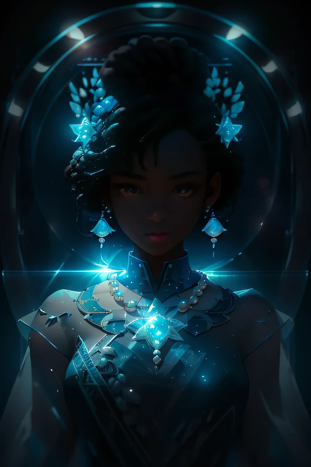 8K Cinematic Masterpiece, Ultra Detailed, (Perfect Figure:1.1), Transparent Glass Sculpture, African Diaspora representation, Pearl Dress and Necklace, Dark Room, Blue Bioluminescent Light, Wide Angle Shot, Intricate Facial Features, Strong Jawline, High Cheekbones, Full Lips, Almond-shaped Eyes, Long, Sleek Hair, Afro- textured, Shimmering in the Blue Light, Volumetric Lighting, Highly Stylized Shading, Detailed Reflections on the Glass, Lens Flare, Dramatic Ambience, Minimalist