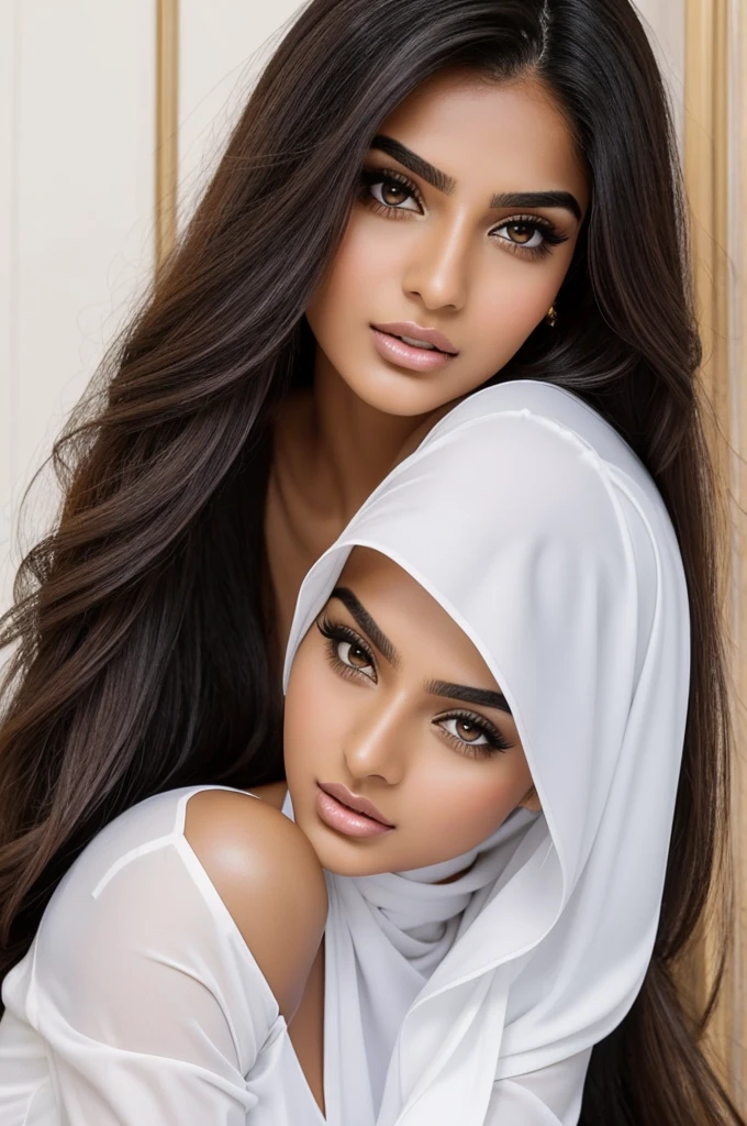 there is a girl with long hair and a white shirt, sexy face with full makeup, tanned ameera al taweel, with professional makeup, greek ameera al taweel, perfect face ), sultry look, jaw-dropping beauty, 18 years old, beautiful iranian woman, pale-skinned persian girl, very very very beautifull face