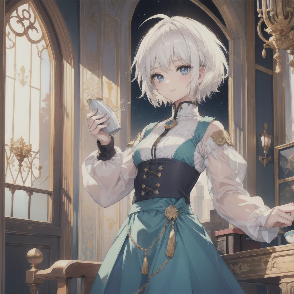 (masterpiece, Highest quality:1.2), One Girl, alone　(((White Hair　Short Hair　blue eyes)))　((Noble clothes　Drinking tea))　(smile)