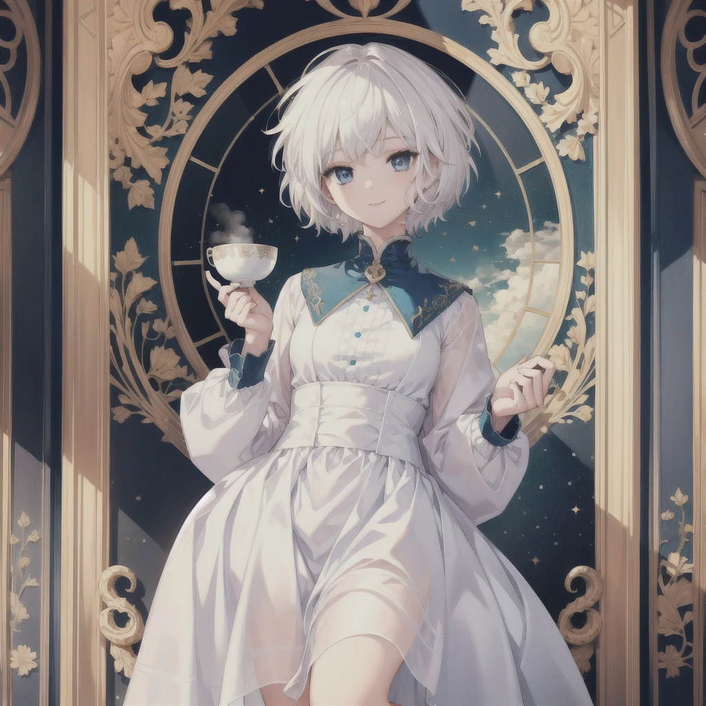 (masterpiece, Highest quality:1.2), One Girl, alone　(((White Hair　Short Hair　blue eyes)))　((Noble clothes　Drinking tea))　(smile)