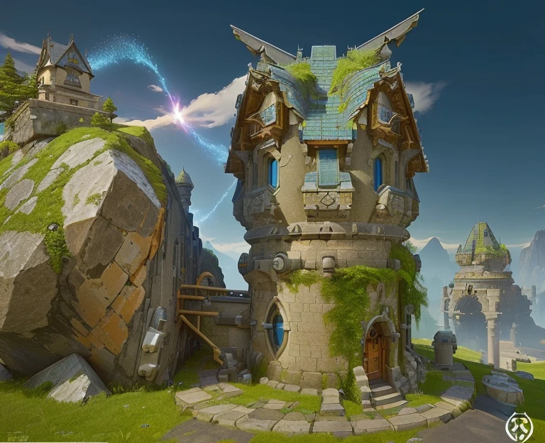 (turret), Top-centered, no background needed, Overwatch style, lol 게임의 turret,stone material, fantasy, Middle Ages, A big lump, no roof,