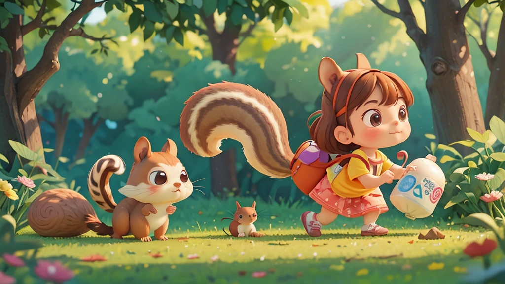 Cute one , Sarah quietly approaching the squirrel, not wanting to disturb it ,pixar style, best quality, stills,