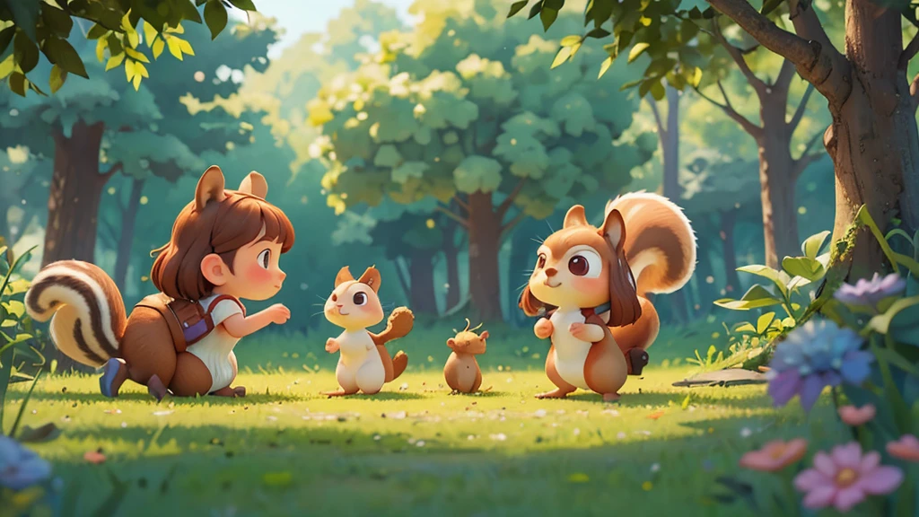 Cute one , Sarah quietly approaching the squirrel, not wanting to disturb it ,pixar style, best quality, stills,