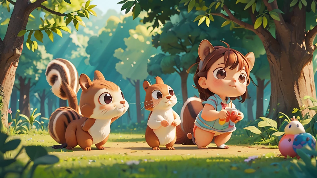 Cute one  , Sarah quietly approaching the squirrel, not wanting to disturb it ,pixar style, best quality, stills,