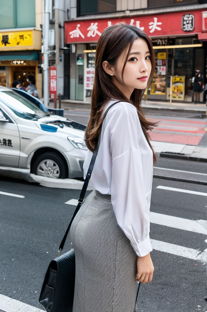 ((Highest quality)), ((masterpiece)), (detailed), Japanese,Street Corner,Beauty,Office Lady