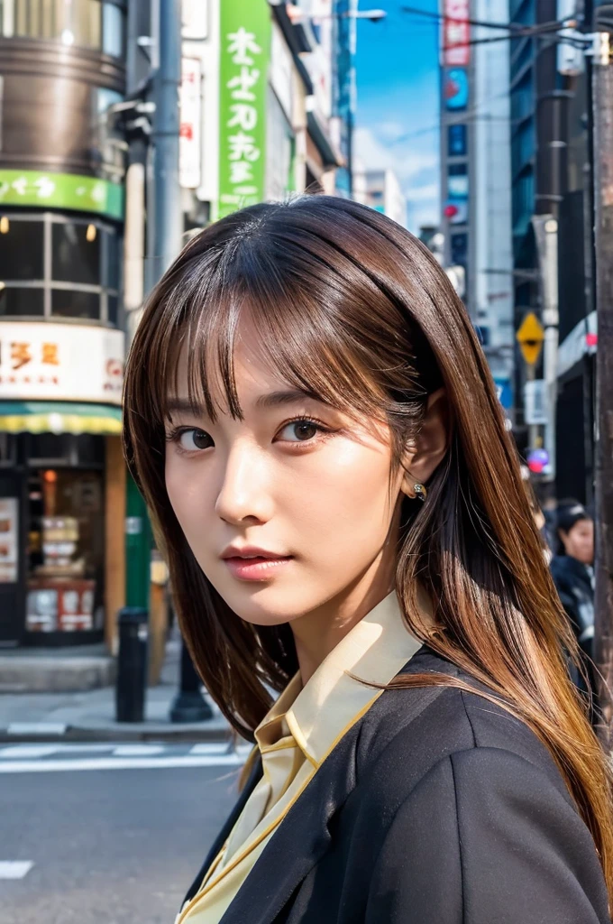 ((Highest quality)), ((masterpiece)), (detailed), Japanese,Street Corner,Beauty,Office Lady