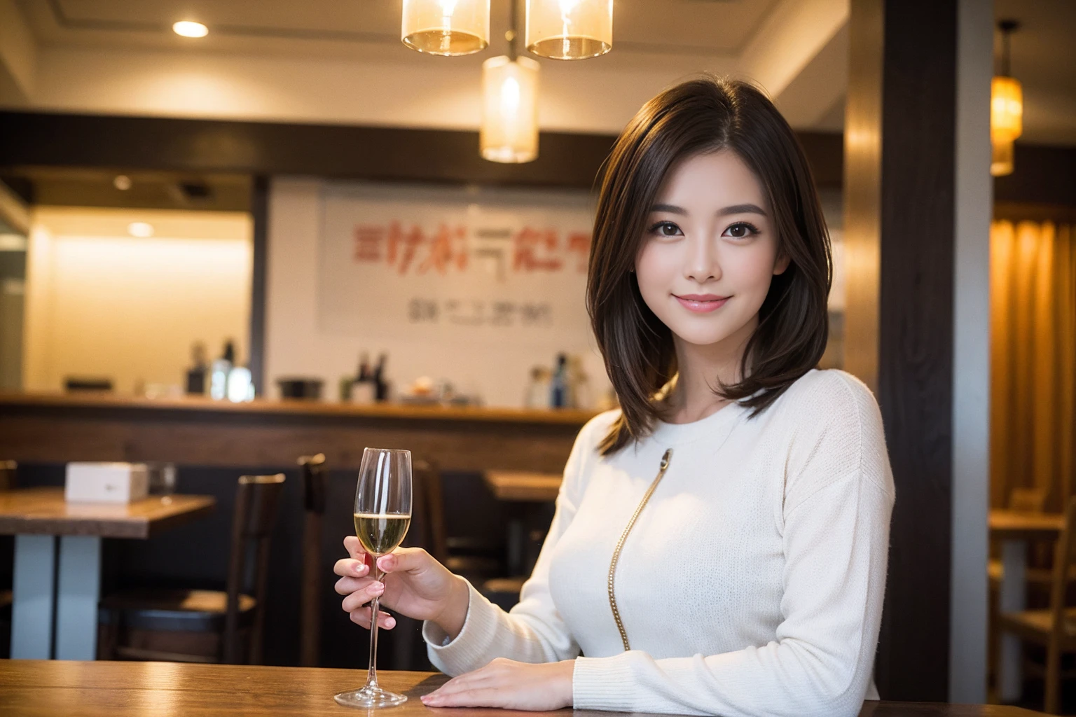 ((Highest quality、8K、masterpiece:1.3))、Sharp focus:1.2、Beautiful woman perfect body:1.4、slimなボディ、((Bob Hale、Straight hair:1.2))、(to be born, Highest quality, masterpiece:1.5), (Realistic, Intricate details:1.2), テーブルにwine glass、Put the light on your face、 Amazing view of the sunset sky and clouds、Amazing mountain views、ニコニコ明るいsmile、smileの素敵な女性、Bright image、2. The beauty of wine, Beautiful Face, blue eyes, The light shines on your face, Blushing, short hair,Bright Face、Fox face、43 years old), 39 years old, Lady、red wine 、Appetizers、Italian food、Wine bottle、Champagne、sparkling wine、Two beauties、Brown Hair、Shortcuts、Long sleeve shirt、dress、Beautiful woman 1, (slimな顔), (The body is slim), (Brown Hair), (Shortcuts), cheeks turn a little red,Attractive beauty、, Out of the window, Beautiful and detailed night view.........., restaurant, In a prominent place (From the waist up) Nova Frog Style, actress, model, Upper Body, White wine, slim, wine glass, 真ん中に置かれたwine glass, smile, (smile: 1.15), Beautiful fine grain, Depth f/2,saturation, High Contrast, Strong light and shadow,Moist Body:1.5、 texture、Delicate eyes、Brown Hair、The hair is very shiny、