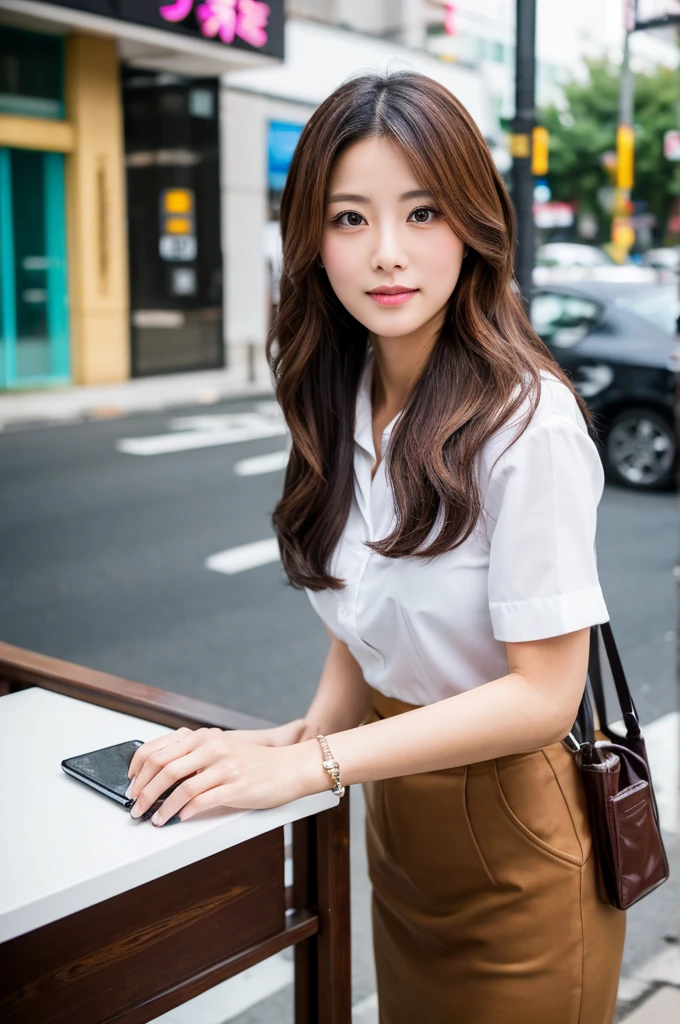 ((Highest quality)), ((masterpiece)), (detailed), Japanese,Street Corner,Beauty,Office Lady