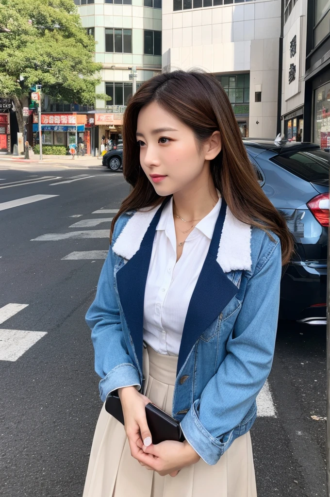 ((Highest quality)), ((masterpiece)), (detailed), Japanese,Street Corner,Beauty,Office Lady