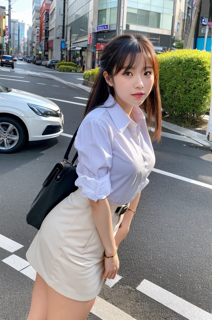 ((Highest quality)), ((masterpiece)), (detailed), Japanese,Street Corner,Beauty,Office Lady