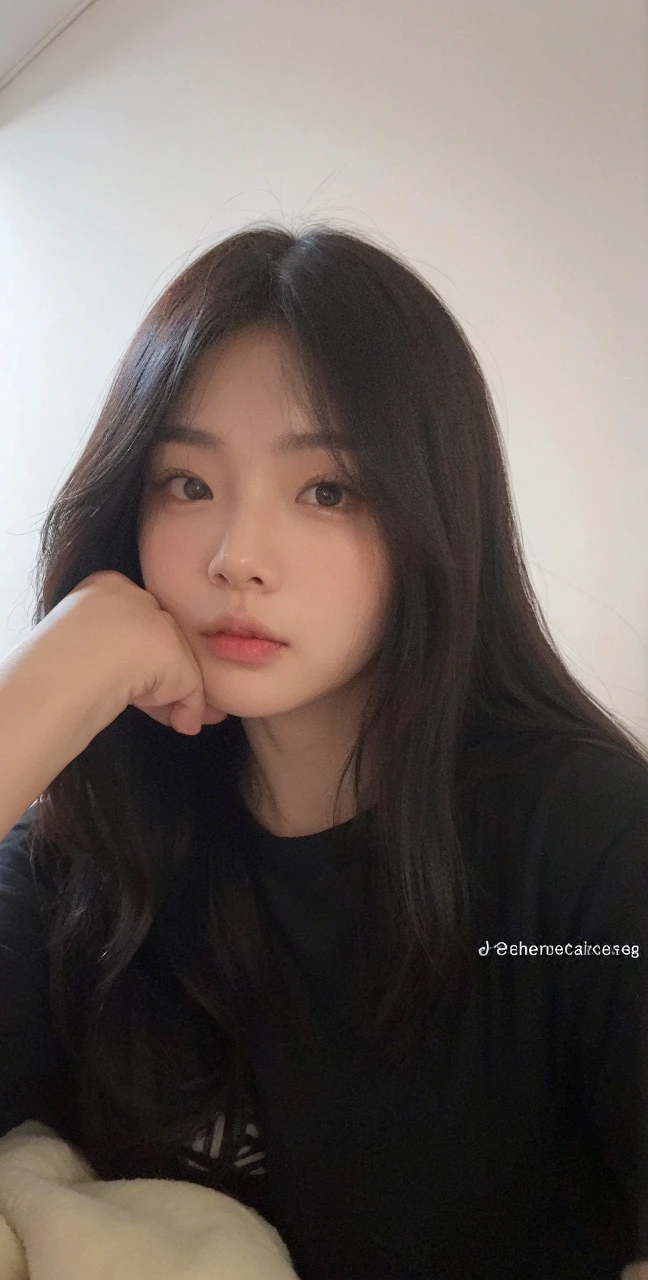 a korean woman wearing black tshirt taking a selfie with cute pose, real image